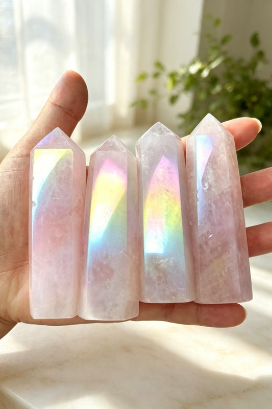 Shining Small Aura Rose Quartz Towers 3.19"Tall