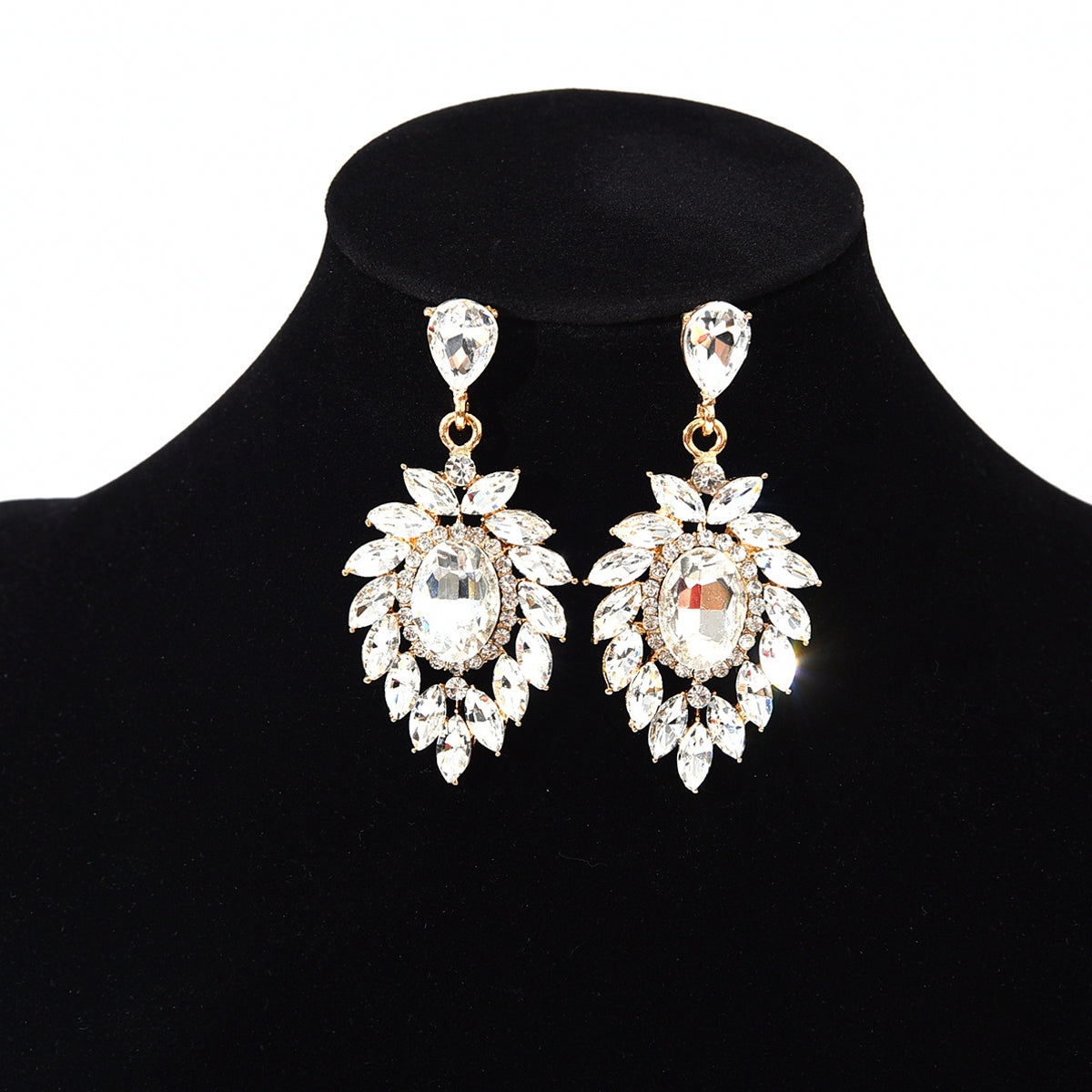 Silver Needle with Diamond-Encrusted Flower Leaf and Pendant Crystal Earrings