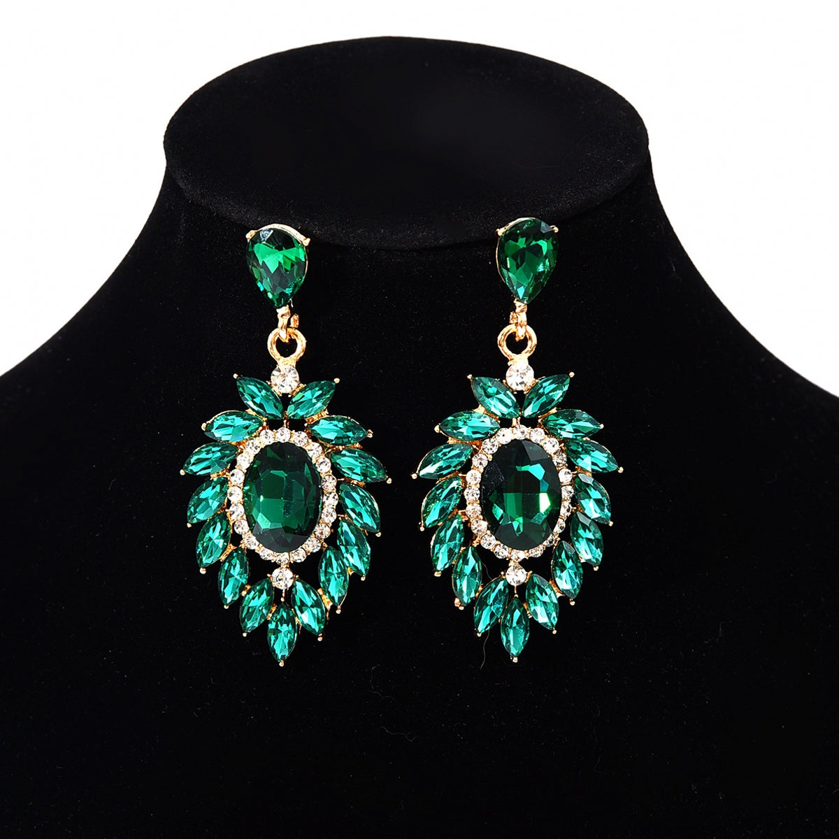 Silver Needle with Diamond-Encrusted Flower Leaf and Pendant Crystal Earrings