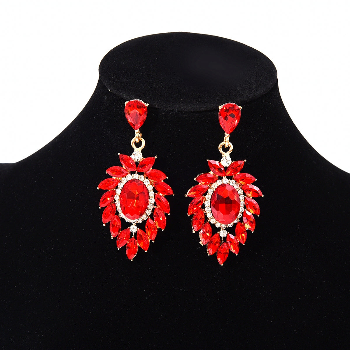 Silver Needle with Diamond-Encrusted Flower Leaf and Pendant Crystal Earrings