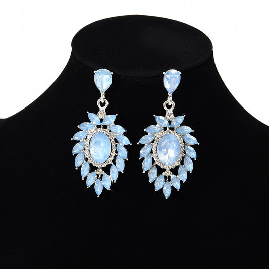 Silver Needle with Diamond-Encrusted Flower Leaf and Pendant Crystal Earrings