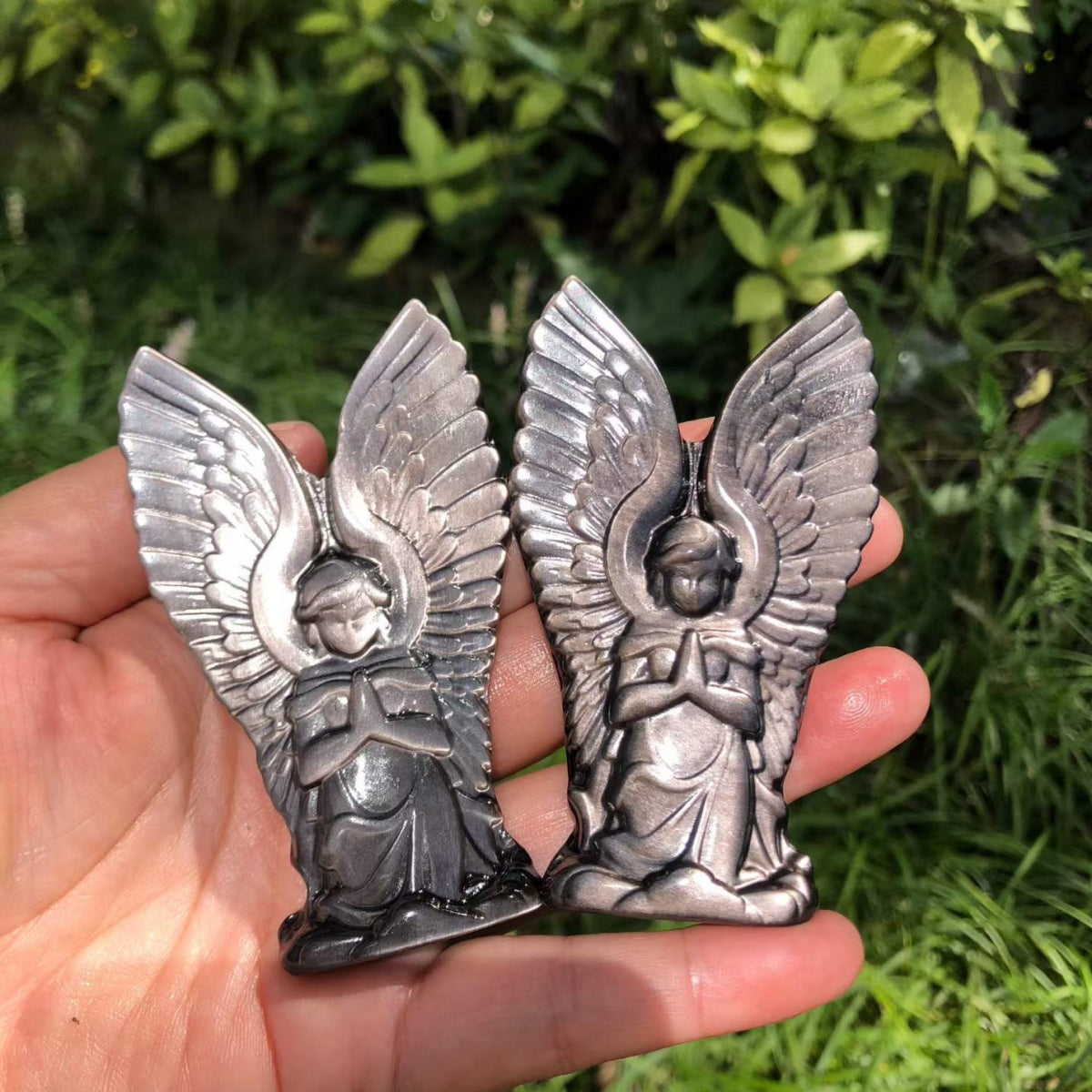 Silver Obsidian Praying Angel Carved Ornament Carvings 3.23"