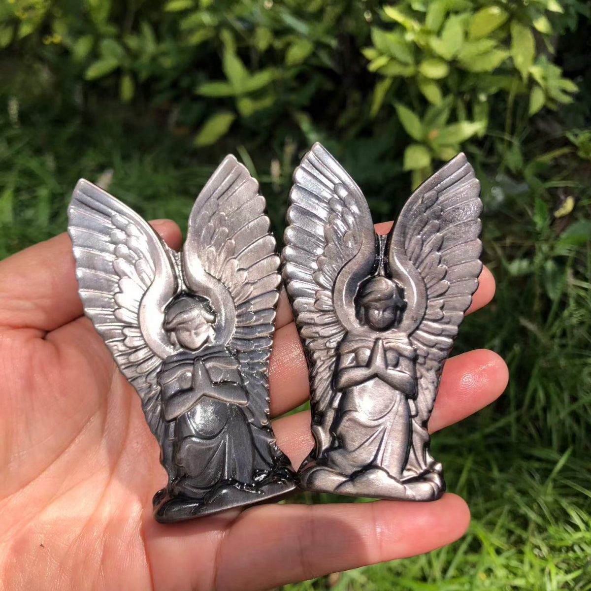 Silver Obsidian Praying Angel Carved Ornament Carvings 3.23"