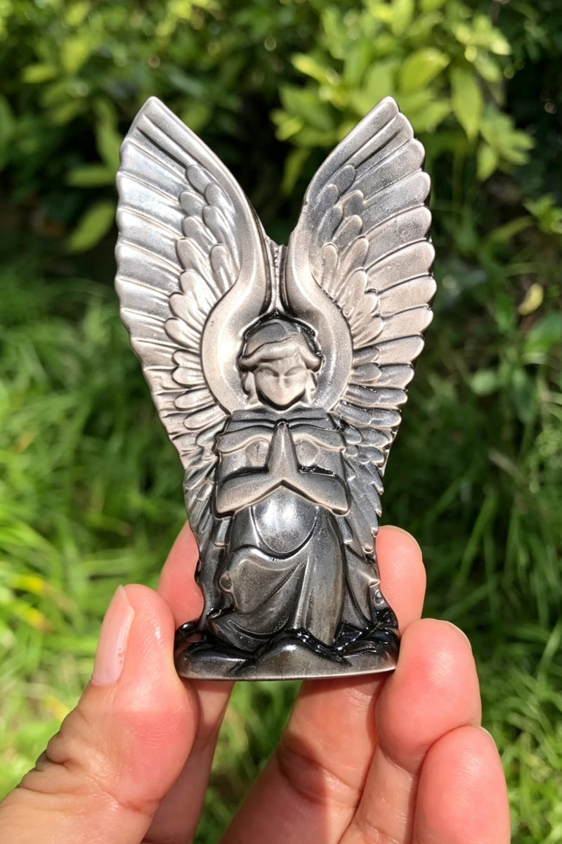 Silver Obsidian Praying Angel Carved Ornament Carvings 3.23"