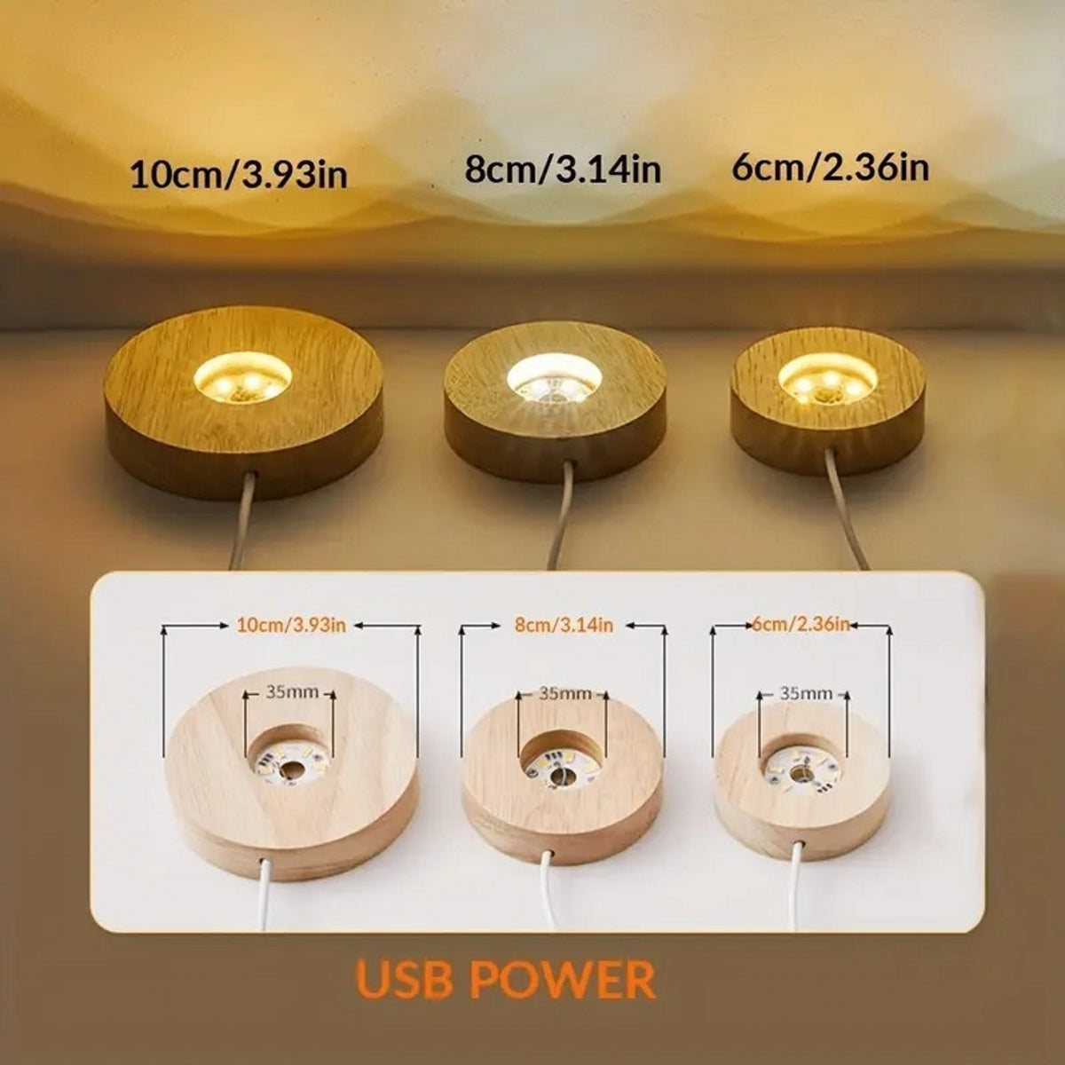 Solid Wood Round Illuminated Light Fixture Sphere Holders USB