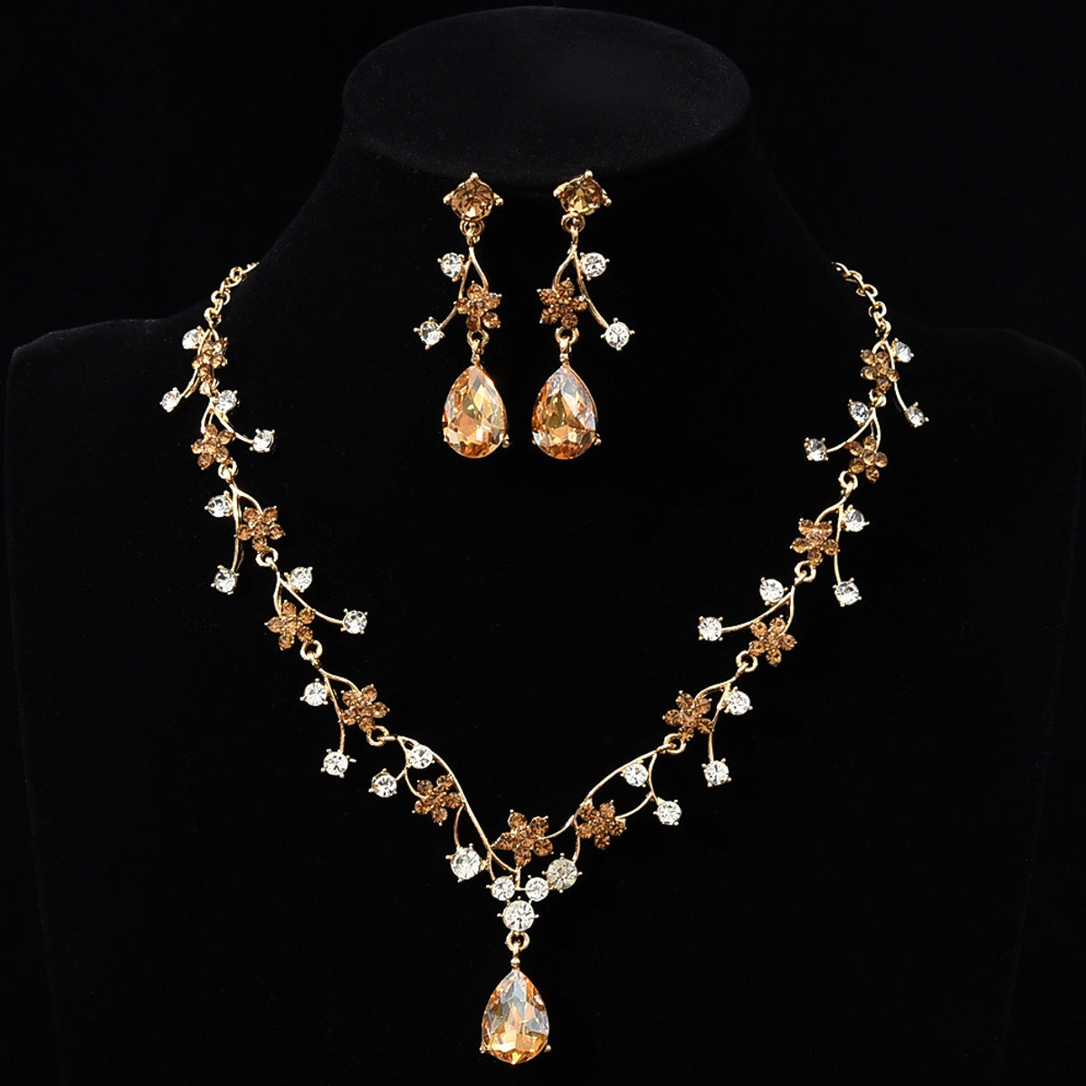 Super Shiny Flower Zircon Necklace and Earring Set