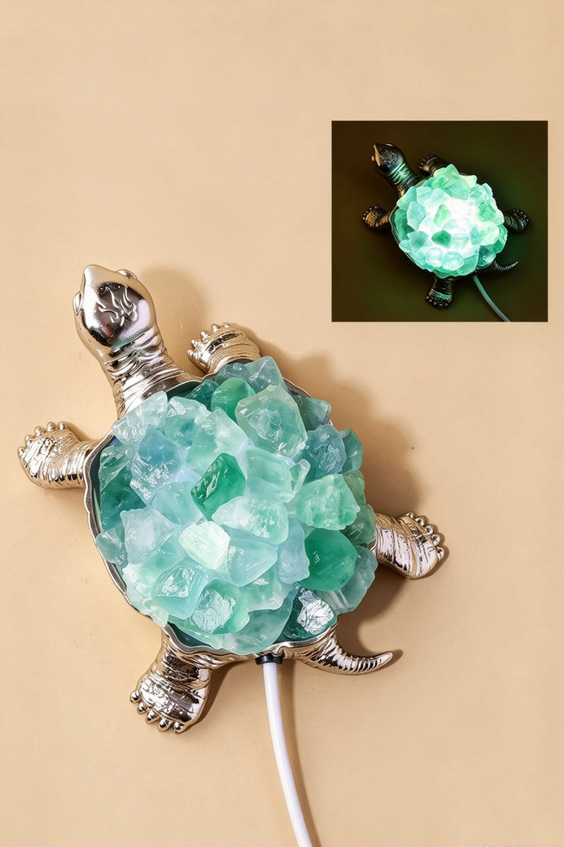 USB Apple Green Fluorite Silver Bodied Turtle Small Night Light