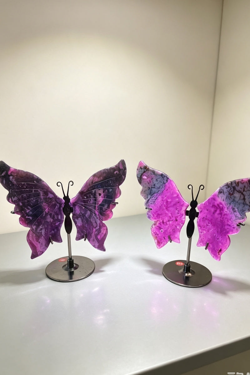 UV Reative Color Enhauced Pink Moss Agate Butterfly Wings with Free Holders 3.93"