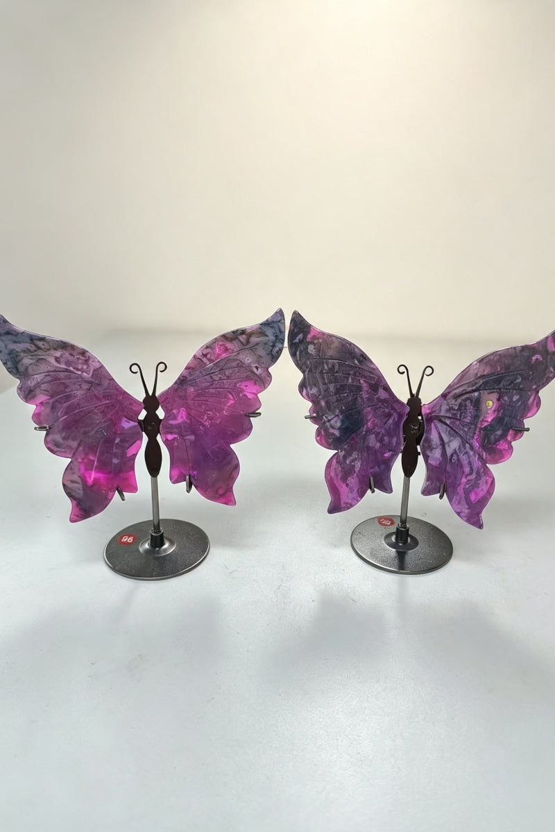 UV Reative Color Enhauced Pink Moss Agate Butterfly Wings with Free Holders 3.93"
