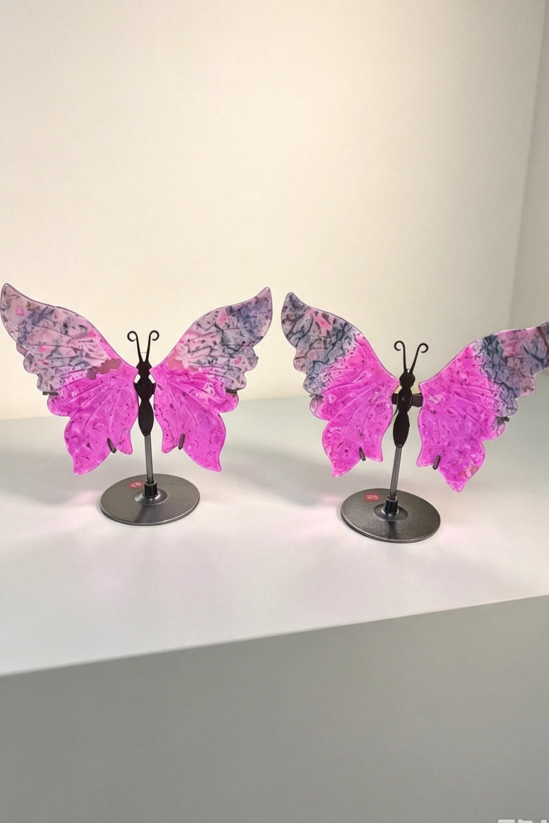 UV Reative Color Enhauced Pink Moss Agate Butterfly Wings with Free Holders 3.93"