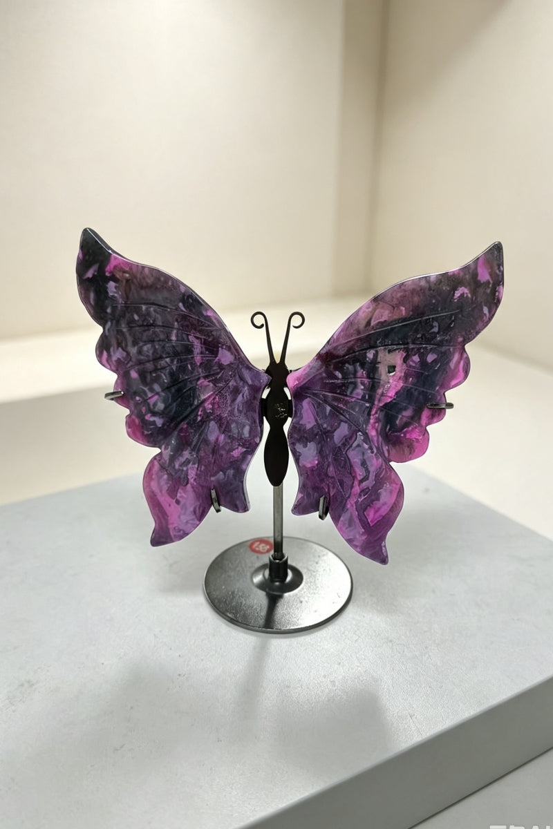 UV Reative Color Enhauced Pink Moss Agate Butterfly Wings with Free Holders 3.93"