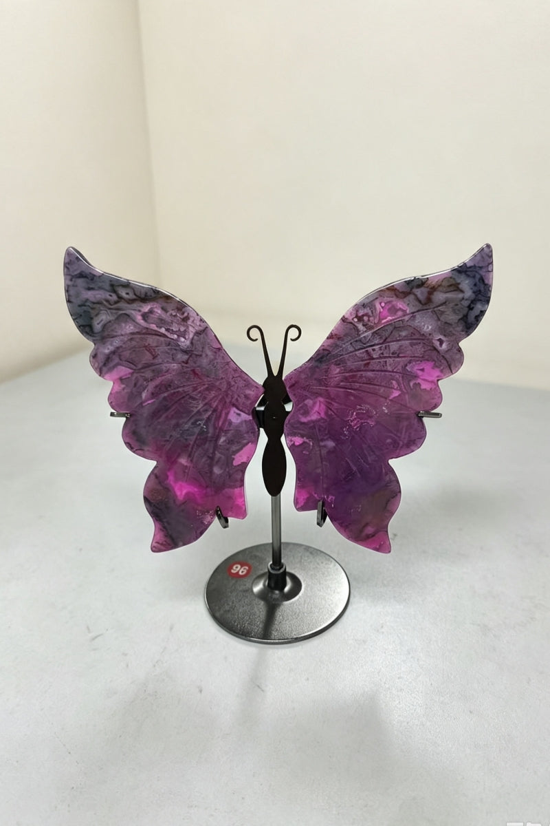 UV Reative Color Enhauced Pink Moss Agate Butterfly Wings with Free Holders 3.93"