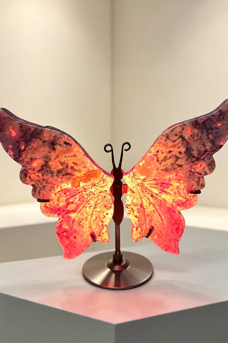 UV Reative Color Enhauced Pink Moss Agate Butterfly Wings with Free Holders 3.93"