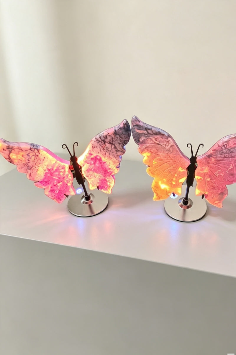 UV Reative Color Enhauced Pink Moss Agate Butterfly Wings with Free Holders 3.93"