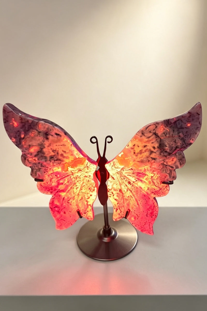 UV Reative Color Enhauced Pink Moss Agate Butterfly Wings with Free Holders 3.93"