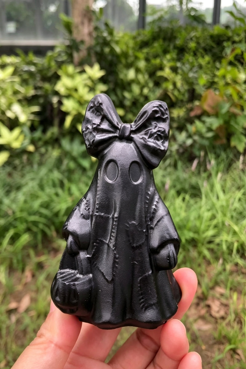 Vintage Halloween Obsidian Ghost Raw Stone Carvings 3.86"