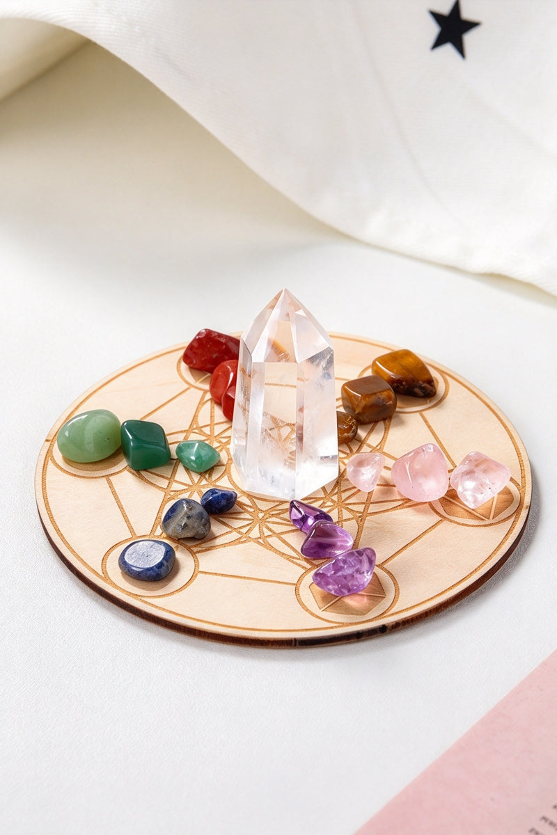 Wooden Tray with Clear Quartz Towers Raw Stone Home Decor