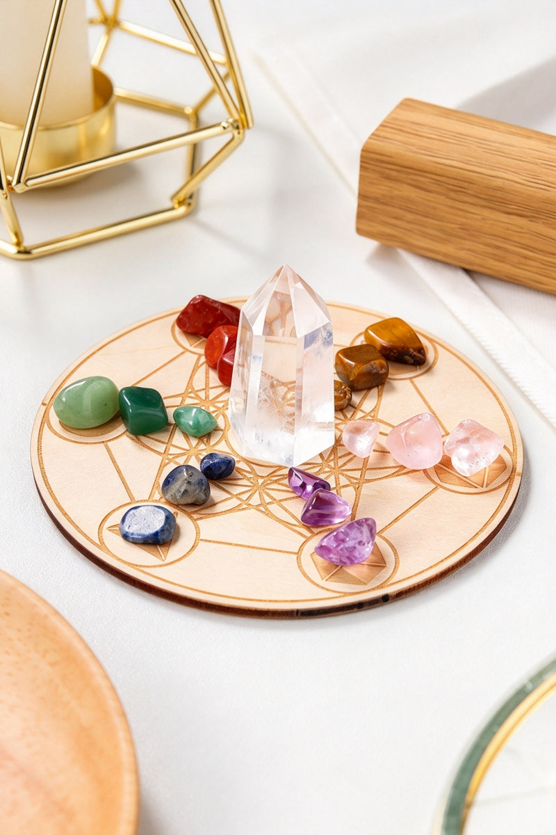 Wooden Tray with Clear Quartz Towers Raw Stone Home Decor