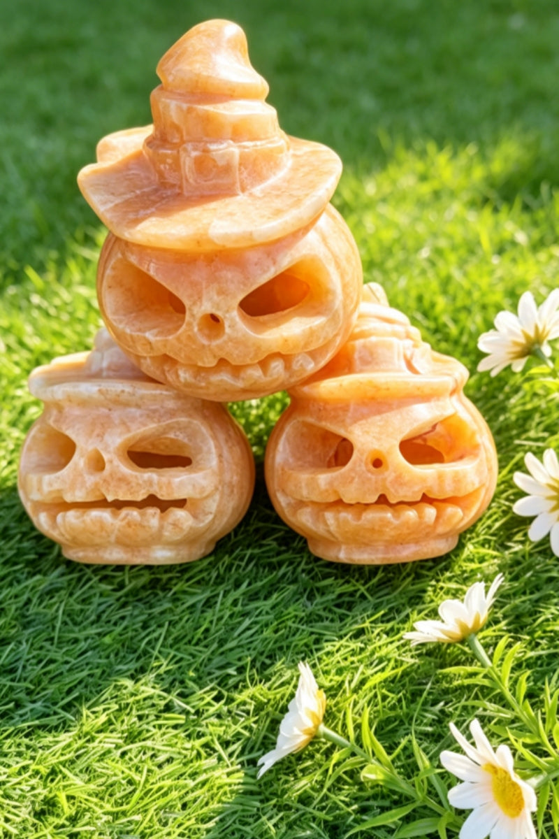 Yellow Calcite Hollow Pumpkin Carving with A Free Light Holder 3.46"
