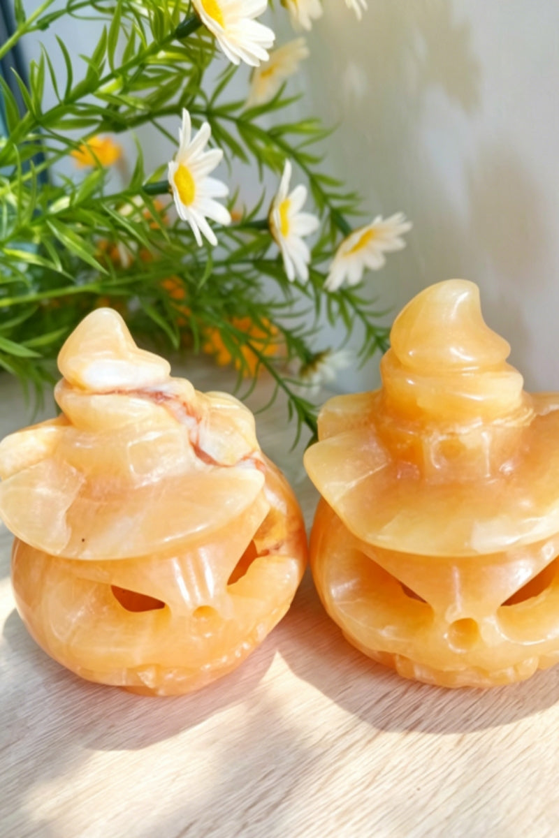 Yellow Calcite Hollow Pumpkin Carving with A Free Light Holder 3.46"