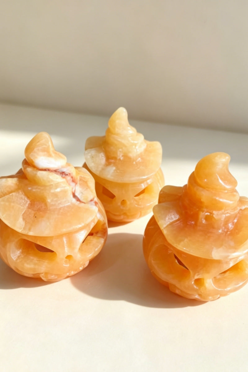 Yellow Calcite Hollow Pumpkin Carving with A Free Light Holder 3.46"