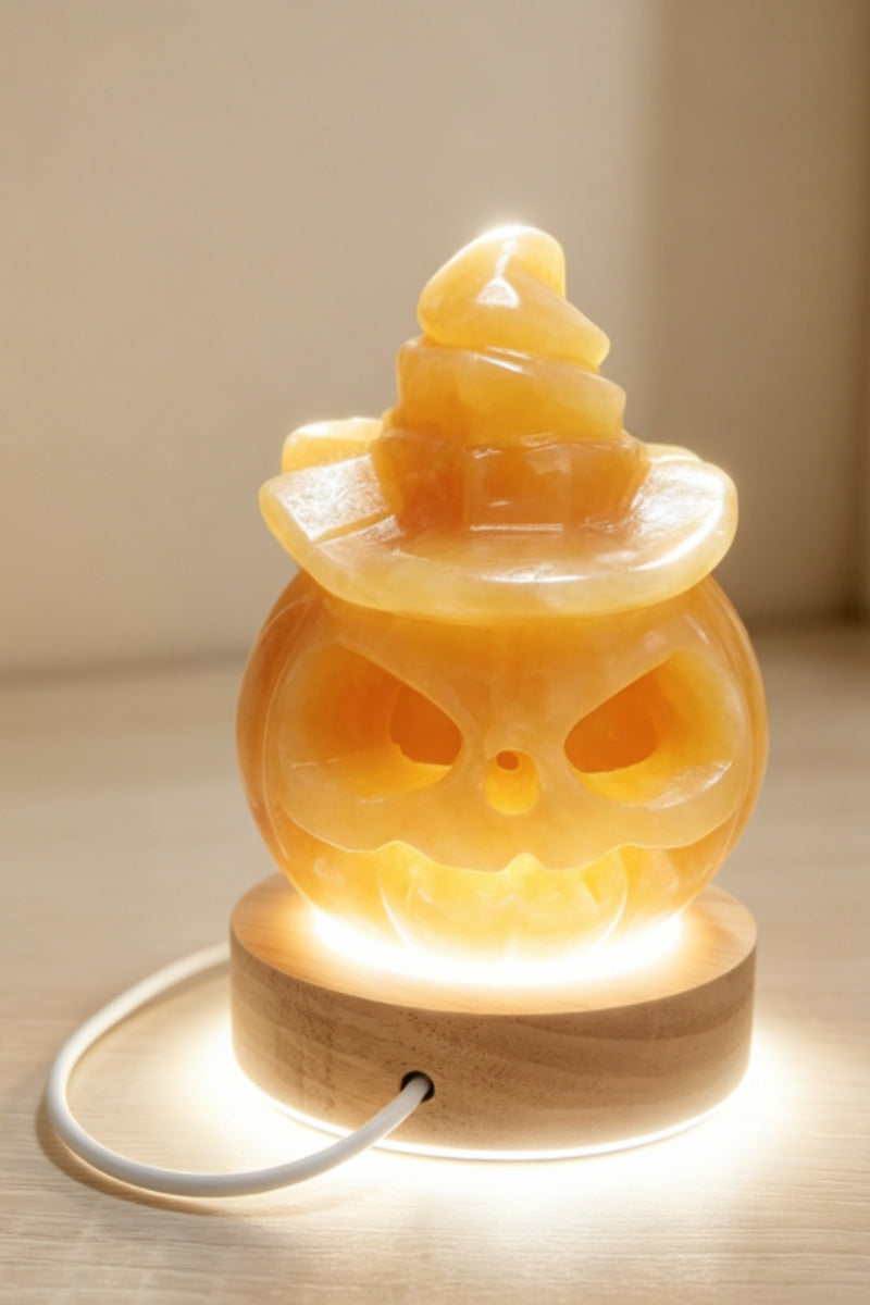 Yellow Calcite Hollow Pumpkin Carving with A Free Light Holder 3.46"