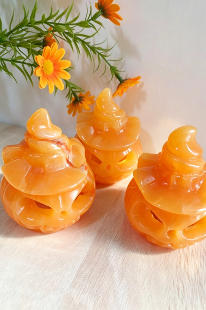 Yellow Calcite Hollow Pumpkin Carving with A Free Light Holder 3.46"