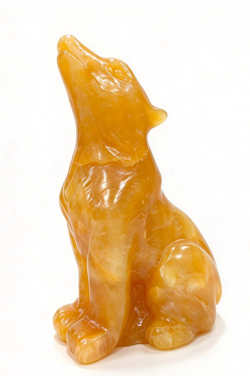 Yellow Calcite Wolf Carvings 5.28"