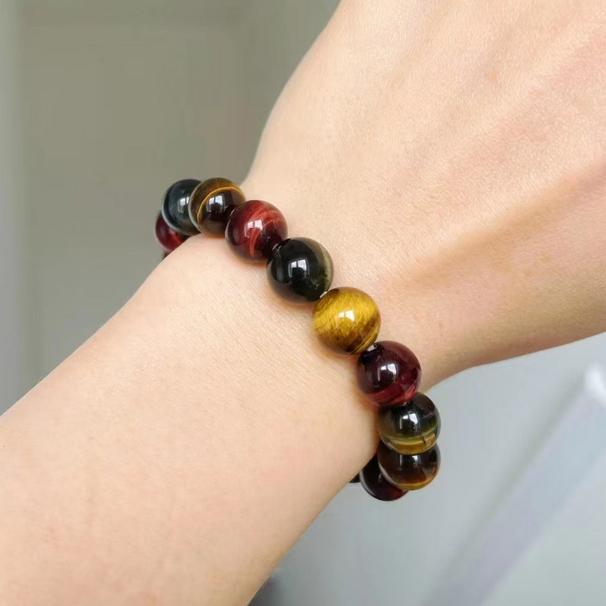 Yellow Red Blue Tiger's Eye Round Bead Crystal Bracelet
