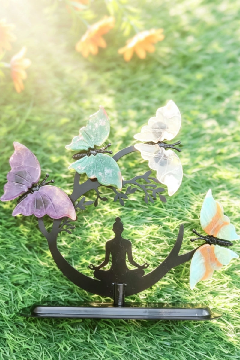 Yoga Lady Under Crystal Butterfly Tree with Mixed Materials