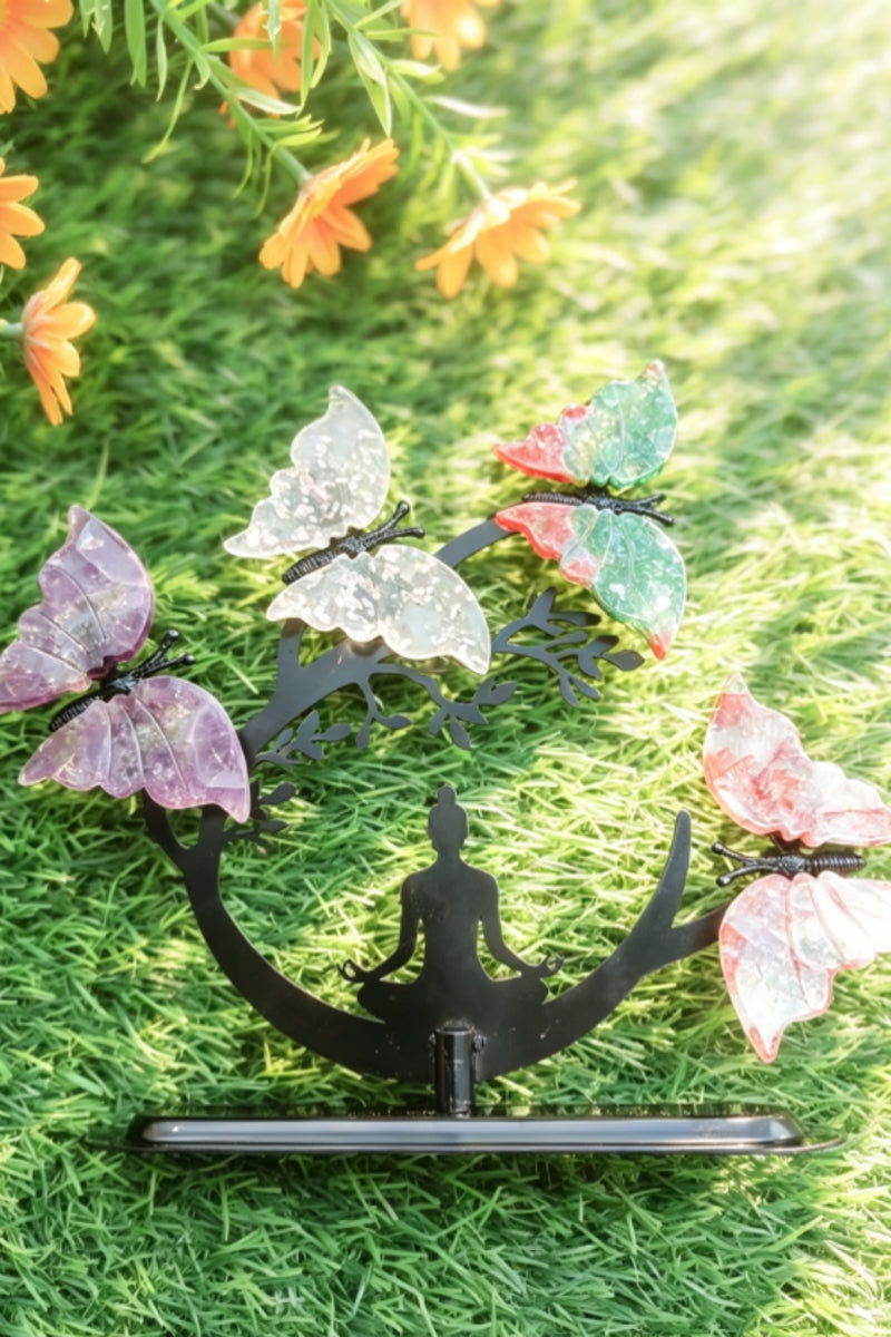 Yoga Lady Under Crystal Butterfly Tree with Mixed Materials